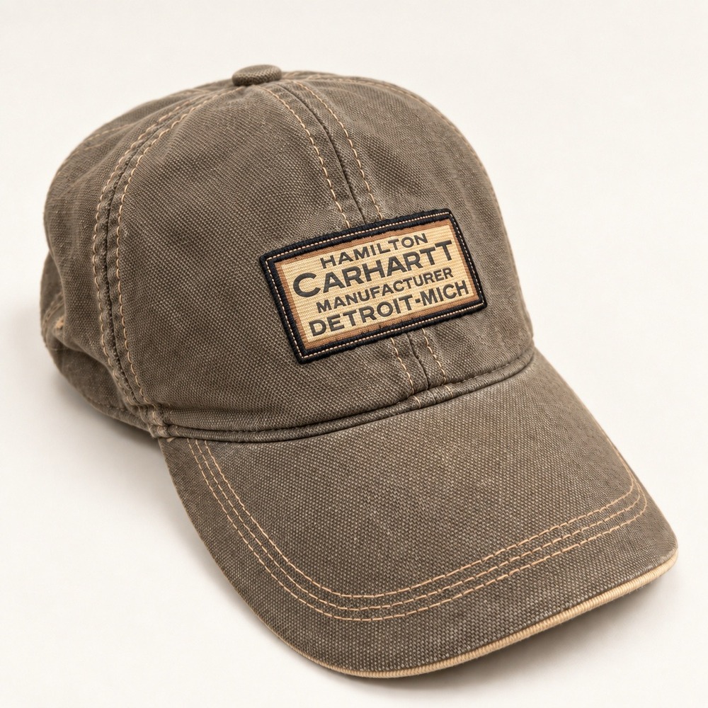 Y2K Carhartt Hamilton Detroit Michigan Patch Hat Brown Canvas Strapback Cap 1889